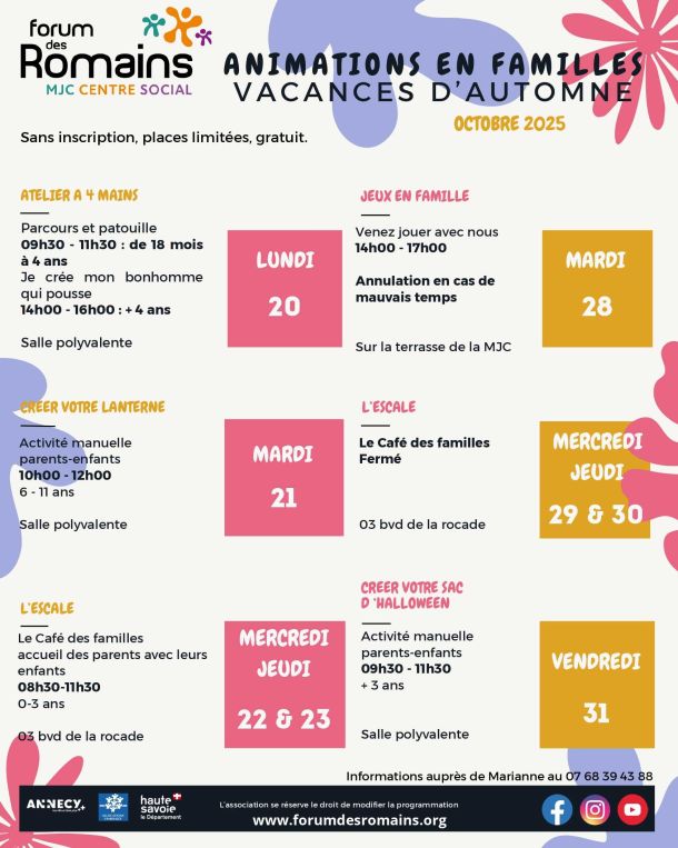 animations familles vacances automne forum des romains